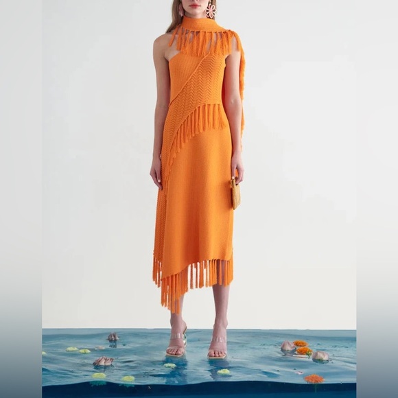 cult gaia Dresses & Skirts - Cult Gaia One-Shoulder Fringe Knit Dress in Bright Orange